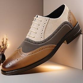 Men's Brown and Beige Faux Leather Brogue Oxford Shoes with Wingtip Detailing and Classic Lace-Up Design, Vintage Formal Shoes for Office and Parties
