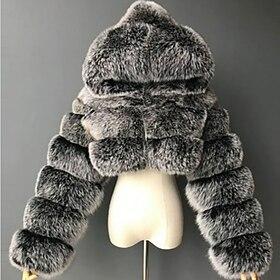 Women's Winter Coat Faux Fur Coat Warm Comfortable Patchwork Cropped Furs  Leathers Fashion Casual Plain Vacation Street Casual Daily Wear Short Hooded Regular