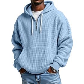 Men's Hoodie Waffle Hoodies Quarter Zip Hoodie Black Light Green Wine Army Green Royal Blue Hooded Plain Drawstring Pocket Daily Sports Outdoor Holiday Polyes