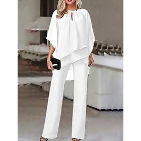 Women's Pants Sets 3/4 Length Sleeve Crew Neck Solid Color Elegant Fashion Streetwear Casual Daily Black White Wine Summer Regular Fit
