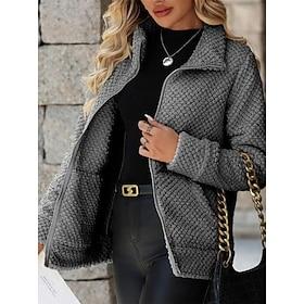 Women's Parka Comfortable Breathable Zipper Pocket Casual Plain Vacation Street Casual Daily Wear Zipper Regular Turndown Regular Fit Long Sleeve Outerwear Whi