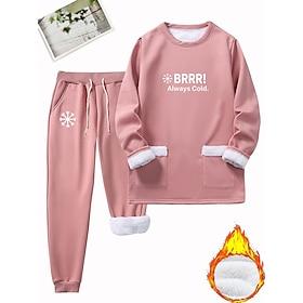 Women's Warm Daily Fleece Lined Pullover Hoodie Sweatshirt Two Piece Sets Tracksuit Pants Sets Long Sleeve Crew Neck Letter Drawstring Print Casual Daily Black