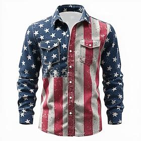 Men's American US Flag Patriotic Shirt Western Shirt Long Sleeve Vintage Retro Casual Holiday WorkWear Spring Fall Turndown Front Two Pockets Linen Like Shirt