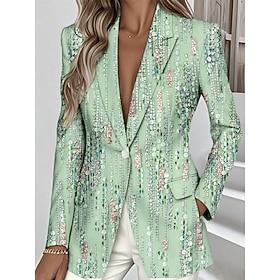 Women's Blazer Warm Pocket Buttons Daily Casual Geometric Formal Casual Regular Notch Lapel Regular Fit Long Sleeve Outerwear Blue Purple Green Spring Fall