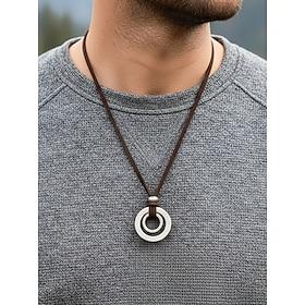 Men's Adjustable Leather Cord Necklace with Double Circle Pendant – Vintage Casual Jewelry for Everyday Wear and Outdoor Style