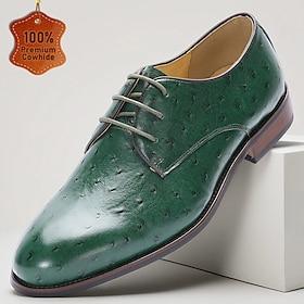 Men's Green Genuine Leather Ostrich Pattern Oxford Shoes with Lace-Up Closure, Elegant Handmade Dress Shoes for Formal Events and Business Occasions