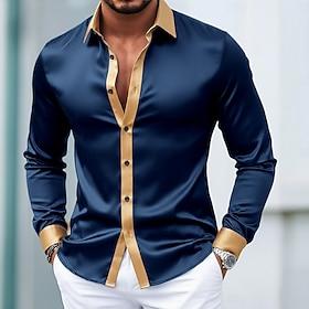 Men's Shirt Satin Shirt Dress Shirt Casual Shirt Button Up Shirt Prom Shirt Color Block Formal Wedding Black White Wine Navy Blue Long Sleeve Lapel Spring Fa