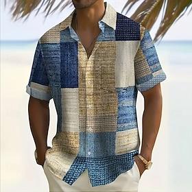 Men's Geometric Color Block Patchwork Shirt Button Up Shirt Short Sleeve Fashion Casual Vacation Holiday Streetwear Summer Turndown 3D Print Collared Shirts Fr
