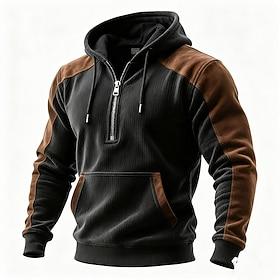 Men's Hoodie Quarter Zip Hoodie Fleece Hoodie Fleece lined Hoodie Ribbed Knit Black Hooded Plain Patchwork Color Block Sports Outdoor Casual Daily Fleece Poly