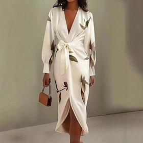 Women's Midi Dress Wrap Dress A Line Dress Summer Dress Elegant Vacation Casual Regular Fit Floral Short Sleeve V Neck Blue Beige Spring Fall