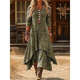 Women's Midi Dress Shift Dress Vacation Casual Boho Daily Holiday Regular Fit Floral Graphic Long Sleeve Crew Neck Red Green Fall Winter