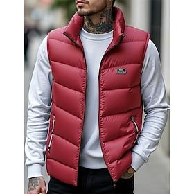Men's Puffer Vest Vest Gilet Vacation Daily Date Fashion Casual Fall Winter Pocket Polyester Warm Comfortable Solid Color Zipper Stand Collar Regular Fit Blue