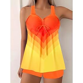 Women's Tankini 2 Piece Swimsuit Colorblock Shorts Tummy Control High Waist Slim Backless Vacation Beach Wear Ombre Geometric V Neck Sleeveless Bathing Suits