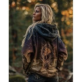 Women's Zip Up Hoodies Zipper Graphic Active Vintage Fashion Long Sleeve Hooded Regular Tops Casual Home Street Blue Red Brown Green Spring Fall Winter