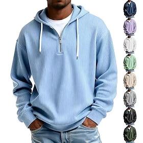 Men's Hoodie Corduroy Pullover Hoodie Sweatshirt Quarter Zip Hoodie Apricot Wine Red Black White Light Green Hooded Plain Zipper Textured Casual Daily Sports
