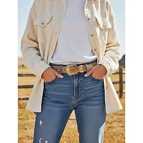 Women's Bohemian Style Faux Leather Belt – Intricate Floral Design with Metal Buckle, Perfect for Casual and Everyday Wear.