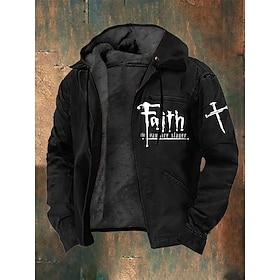 Men's Full Zip Hoodie Fleece Jacket Fleece Hoodie Black Army Green Hooded Cross Faith Pocket Print Casual Daily Sports Polyester Streetwear Retro Casual Fall