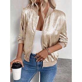 Women's Bomber Jacket Casual Jacket Comfortable Breathable Zipper Casual Plain Vacation Street Casual Daily Wear Zipper Short Stand Collar Regular Fit Long Sle