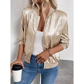 Women's Bomber Jacket Casual Jacket Comfortable Breathable Zipper Casual Plain Vacation Street Casual Daily Wear Zipper Short Stand Collar Regular Fit Long Sle