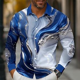 Men's Geometric Marble Abstract Liquid Art Shirt Button Up Shirt Long Sleeve Fashion Casual Outdoor Dailywear Spring Fall Turndown 3D Print Collared Shirts Blu