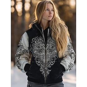 Women's Zip Up Hoodies Viking Graphic Plaid Fashion Western Casual Long Sleeve Hooded Regular Tops Street Dailywear Casual Zipper Pocket Print Black Fall Winte