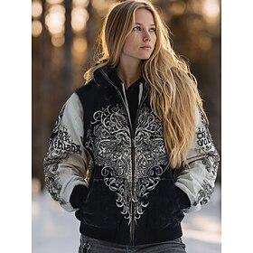 Women's Zip Up Hoodies Viking Graphic Plaid Fashion Western Casual Long Sleeve Hooded Regular Tops Street Dailywear Casual Zipper Pocket Print Black Fall Winte
