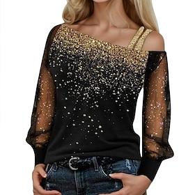 Femmes Chemisier Paillettes A Ombre ancien Élégant manche longue Asymétrique Hauts Réguliers Quotidien Fête Sortir Bleu Argent Vin Dorée Été Automne