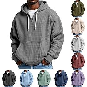 Men's Hoodie Waffle Hoodies Quarter Zip Hoodie Apricot White Light Green Army Green Red Hooded Plain Kangaroo Pocket Textured Casual Daily Sports  Outdoor Stre