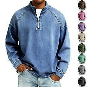 Men's T Shirt Tee Tee Top Long Sleeve Shirt Long Sleeve Quarter Zip Spring Fall Solid Color Vintage Fashion Streetwear Zipper Faded Casual Outdoor Vacation Bla