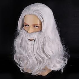 Men's White Long Curly Wig and Beard Set Old Man Santa Claus Wizard Costume Cosplay Party Accessory