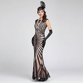 Set Roaring 20s 1920s Ankle Length Long Length Dress Evening Dress Outfits with Accessories Cap Sleeves The Great Gatsby Wedding Guest Sequins Sequin Scoop Nec