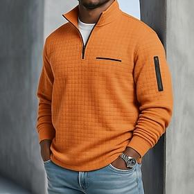 Men's Waffle Polo Shirts Textured Casual Sports  Outdoor Quarter Zip Long Sleeve Fashion Comfortable Zip Up Pocket Fall  Winter Spring   Fall Cross-Seasons Bla