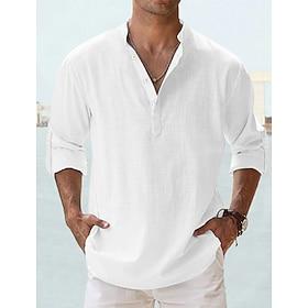 Men's Shirt Linen Shirt Summer Shirt Beach Shirt Plain Vacation Hawaiian Blue Black White Pink Long Sleeve Stand Collar Spring  Summer Clothing Apparel Basic