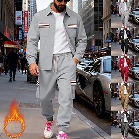 Men's Sweatshirt Tracksuit Outfit Set Jacket Lapel Outdoor Daily Sports Drawstring Button Up Pocket Stripe Black Red Brown Polyester Activewear Fashion Streetw