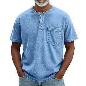 Men's Henley Shirt 100% Cotton Acid Wash Shirt T shirt Tee Short Sleeve Retro Vintage Casual Button Up Pocket Garment Dyed Henley Casual Summer Spring Fall Dar
