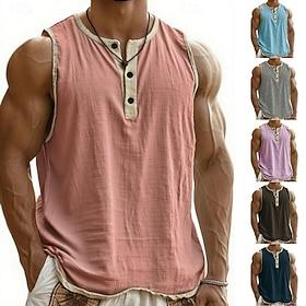 Men's Tank Top Vest Top Undershirt Sleeveless Shirt Sleeveless Henley Summer Plain Fashion Designer Basic Buttons Vacation Street Going out Black Pink Navy Blu
