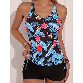 Women's Tankini 2 Piece Swimsuit Palm Shorts Tummy Control High Waist Slim Backless Vacation Beach Wear Floral Leaves Halter Neck Sleeveless Bathing Suits