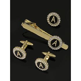 Men's Gold Initial Cufflinks and Tie Clip Set, Rhinestone Letter Design, Luxury Formal Accessories for Groom, Wedding and Business