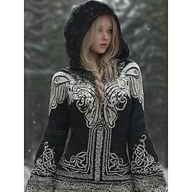 Women's Viking Sweater Vacation Vintage Cool Geometric Hooded Print Long Sleeve Regular Tops Knit Outdoor Daily Black Fall Winter