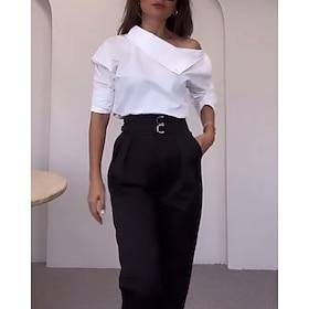 Women's Blouse Dressy Tops Ruched Buttons Draped Solid Color Plain Elegant Vintage Daily Long Sleeve High Neck Regular Tops Daily Work Holiday White Fall Winte