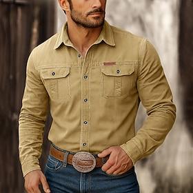 Men's Western Shirt Cargo Shirt Cowboy Shirt khaki Army Green Long Sleeve Solid Color Plain Turndown Sports  Outdoor Causal Pocket Clothing Apparel Vintage Cla