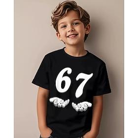 Cotton Kids Boys' Black Graphic Funny Slang 67 T shirt Blouse Crew Neck Short Sleeve Outdoor Dailywear Fashion Streetwear Designer Printing Summer