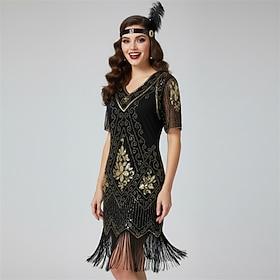 Roaring 20s 1920s Knee Length Dress Flapper Dress Prom Dress Short Sleeves The Great Gatsby Charleston Wedding Guest Sequins Tassel Fringe V Neck Fancy Dress W