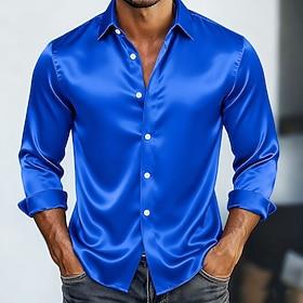 Men's Shirt Satin Shirt Dress Shirt Casual Shirt Button Up Shirt Prom Shirt Plain Formal Wedding Light Blue White Royal Blue Gold Long Sleeve Lapel All Seasons