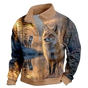Men's Fox 3D Print Sweatshirt Vintage Retro Hunting Stand Collar Outdoor Work Gift Black Blue Brown Zipper Fall Winter Designer S M L XL XXL XXXL