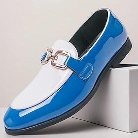 Men's White and Blue Patent Leather Slip-on Loafers with Metal Buckle Detail - Fashion-forward Shoes for Semi-formal Gatherings and Parties