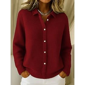 Women's Sweater Cardigan Sweater Elegant Casual Soft Pure Color Ribbed Turndown Shirt Collar Knitted Long Sleeve Regular Tops Knit Daily Outdoor Weekend Blue P