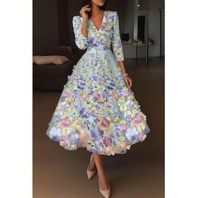 A-Line Ankle Length Cocktail Dresses Elegant Vintage Floral Half Sleeve V Neck Wedding Formal Pink Dress Satin Lace with Embroidery Pocket