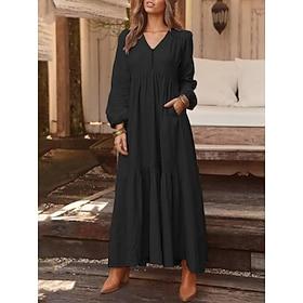 Women's Long Dress Maxi Dress Casual Dress Swing Dress Basic Modern Office Vacation Going out Regular Fit Loose Fit Plain Long Sleeve V Neck Light Yellow Black