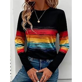 Women's T Shirt Print Graphic Striped Vintage Stylish Classic Long Sleeve Crew Neck Regular Tops Daily Weekend Black Spring Fall Winter